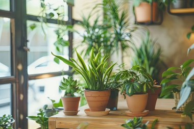 Yemyeşil bitkiler pencerenin yanındaki sıcak güneş ışığının tadını çıkarıyorlar.