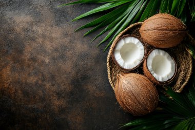 Sepetteki Rustik Hindistan cevizleri Tropik Gıda ve Dekor İçin Palmiye Yaprakları