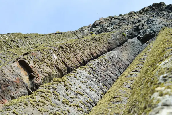 Dalgalar, Kuzey İrlanda 'nın kayalık sahillerinde, Giants Geçidi' nde, büyüleyici, altıgen kaya oluşumuna çarpıyor..