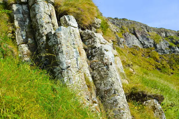 Dalgalar, Kuzey İrlanda 'nın kayalık sahillerinde, Giants Geçidi' nde, büyüleyici, altıgen kaya oluşumuna çarpıyor..