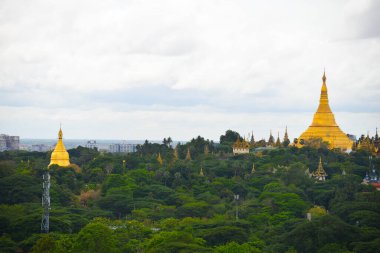 Sabah erkenden Yangon, Myanmar 'daki Shwedagon Pagoda' ya bakıyorum..