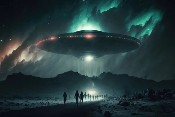 alien unidentified flying object, ufo flying in the night sky, aurora borealis