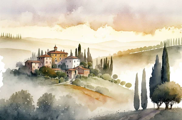 watercolor drawing of landscape with a village at tuscany