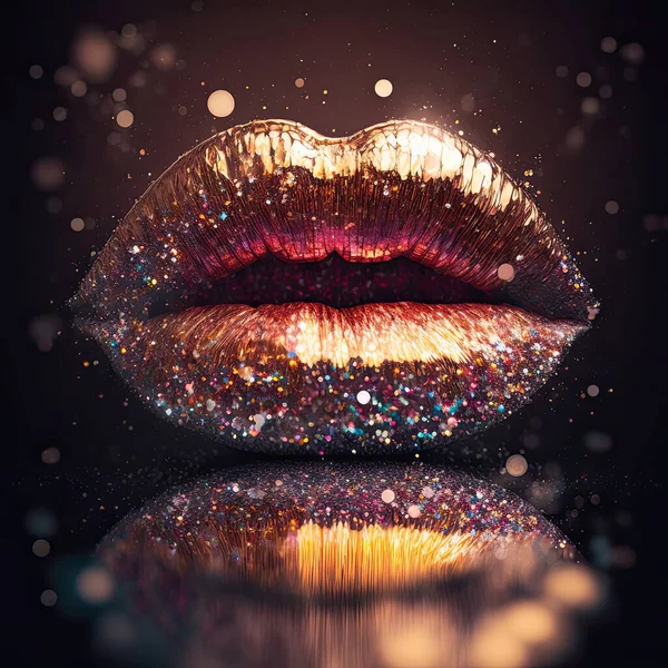 glossy lips with glitter on black background