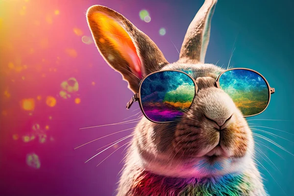 Прохладный Пасхальный Кролик Солнечных Очках Красочном Фоне — стоковое фото