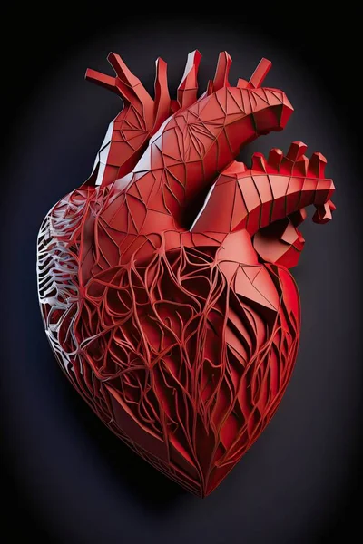 red human heart in origami style on dark background, concept image artificial organs, biomedical engineering