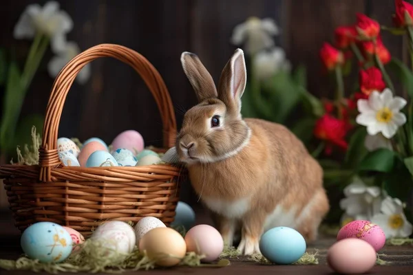 Пасхальный Кролик Пасхальные Яйца Корзине — стоковое фото