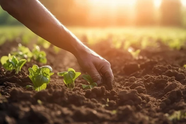 farmer person planting a seedling at a farm, backlight scene during golden hours