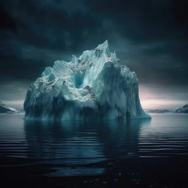 Iceberg Flotando Océano Nubes Oscuras Cielo Escena Luz Ascendente —  Fotos de Stock