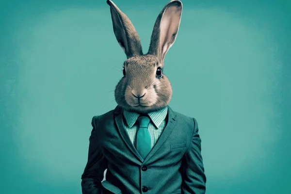 Easter Bunny Vestindo Terno Negócios Fundo Turquesa — Fotografia de Stock