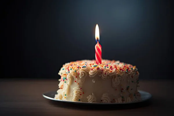 stock image birthday cake with one candle and colorful sprinkles