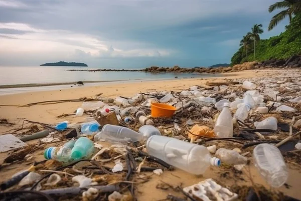 Plastikowe Butelki Inne Śmieci Plaży Obszarze Tropikalnym — Zdjęcie stockowe