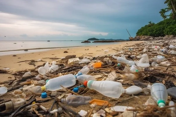 Plastik şişeler ve tropik bir bölgedeki plajdaki diğer çöpler.
