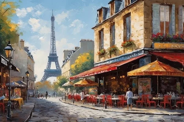 Ilustración Pintada Vista Calle París Con Torre Eiffel Fondo — Foto de Stock
