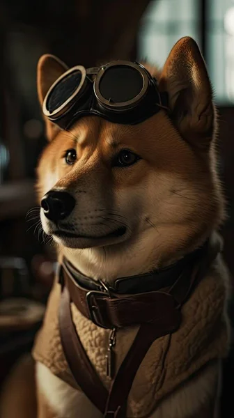 Портрет Собаки Шибы Ину Авиационных Очках — стоковое фото