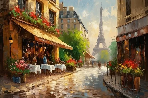 Malowana Ilustracja Widok Ulicę Paryżu Wieżą Eiffla Tle — Zdjęcie stockowe