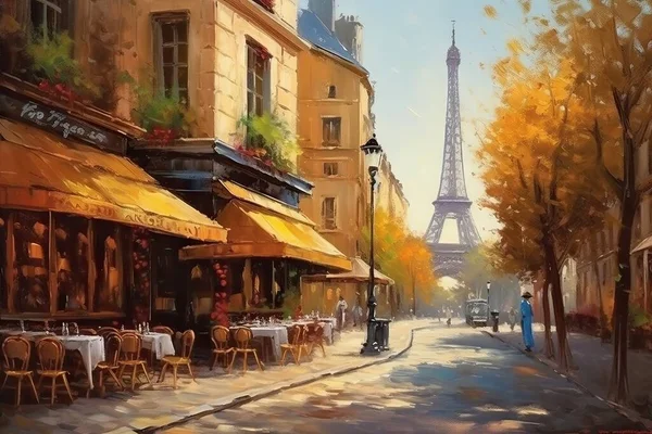 stock image painted illustration of street view in paris, with the eiffel tower in the background