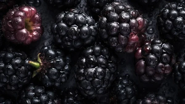 新鲜黑莓果 可见水滴 头顶角 — 图库照片