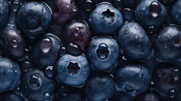 新鲜蓝莓果 可见水滴 头顶角 — 图库照片