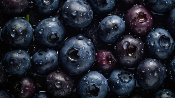 新鲜蓝莓果 可见水滴 头顶角 — 图库照片