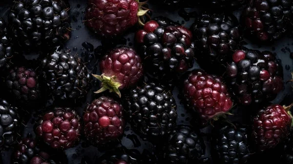 Fresh Blackberry Fruit Visible Drops Water Overhead Angle — Stock Photo, Image