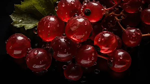 Bayas Grosella Roja Sobre Fondo Negro Frutas Frescas Gotas Visibles — Foto de Stock