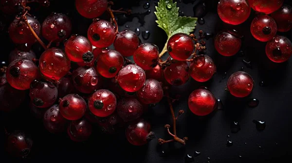 黑色背景的红醋栗浆果 新鲜水果 可见水滴 头顶角 — 图库照片