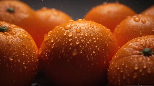 在黑色背景上用水滴将新鲜的橙子橘子切尼水果包起来 — 图库照片