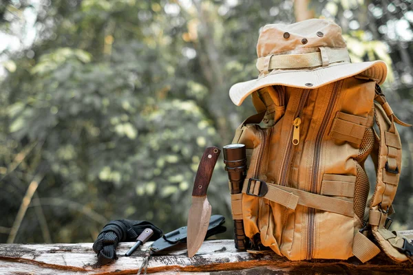 Equipment Survival Bucket Hat Backpack Hiking Knife Camping Flashlight Resting — Stock Photo, Image