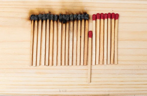 Row of burning matches and all matches on white background. spread of fire one match isolated to stop fire concept of the power of difference
