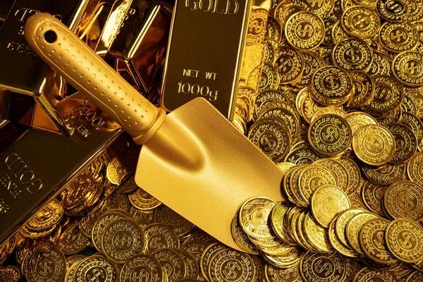 Golden shovel scooping up piles of gold coins and stacks of gold bars