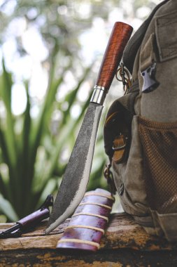 Enep Thai bıçağı ve sırt çantası ormanda hayatta kalmak için eski bir kereste ahşap üzerinde