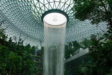 Singapur, 7 Nisan 2025: Parallax view of indoor Singapur rain vortex şelale in rain forest Jewel Changi Airport Singapur