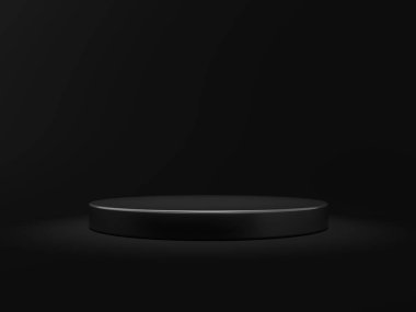 Black empty podium on black background. Cylinder. Blank. 3d illustration.