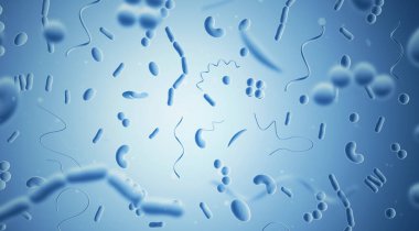 Bakteriler. Bakteri. Mavi renk. Prokaryotik mikroorganizmalar. 3 boyutlu illüstrasyon. Pankart