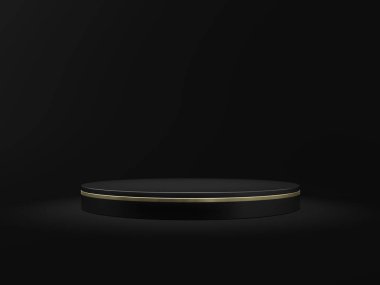 Siyah arka planda siyah boş podyum. Silindir. Boşluk. Altın rengi. 3d illüstrasyon.