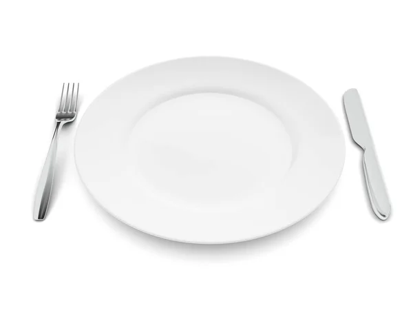 Μαχαίρι Πιρούνι Και Πιάτο Απομονώνονται Λευκό Φόντο Άδειο Πιάτο Επιτραπέζια — Φωτογραφία Αρχείου