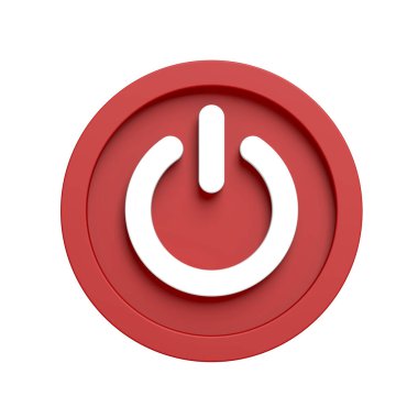 Güç düğmesi simgesi beyaz arkaplanda izole edildi. Kırmızı renk. 3d illüstrasyon.