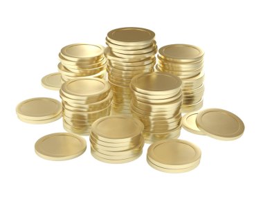 Beyaz arka planda izole edilmiş boş altın paralar. 3d illüstrasyon.