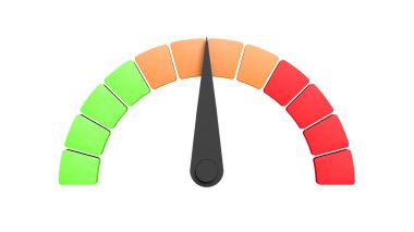 Hız göstergesi. İzole edilmiş. Yeşil, turuncu ve kırmızı. 3d illüstrasyon.