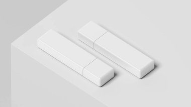 Kalem sürücü. Beyaz arka planda izole edilmiş. USB flaş bellek. Veri depolama cihazı. Kalem sürücüsü. Ekran standı. Modelleme. Boşluk. 3d illüstrasyon.