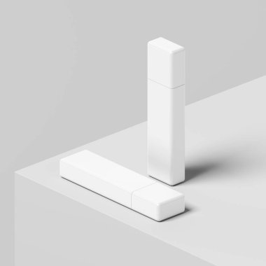 Kalem sürücü. Beyaz arka planda izole edilmiş. USB flaş bellek. Veri depolama cihazı. Kalem sürücüsü. Ekran standı. Modelleme. Boşluk. 3d illüstrasyon.