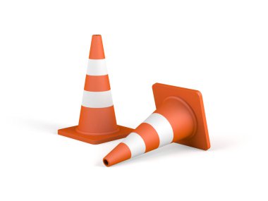 Beyaz arka planda turuncu trafik konileri izole edilmiş. 3d illüstrasyon.