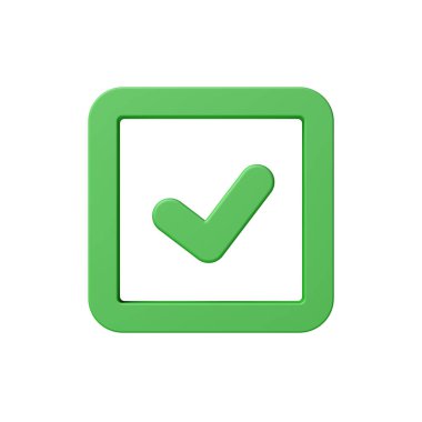 Green check mark isolated on white background. Tick symbol. Checkbox. 3d illustration.