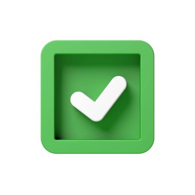 Green check mark isolated on white background. Tick symbol. Checkbox. 3d illustration.