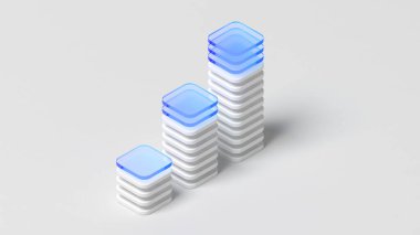 Soyut sütun şeması. Katı ve şeffaf. Beyaz ve mavi renk. Cam morfizmi. Uzayı kopyala Grafik. 3d illüstrasyon.