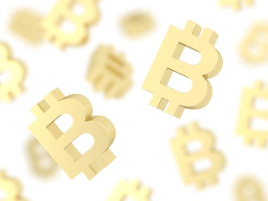 Beyaz arka planda izole edilmiş altın bitcoin işaretleri. 3d illüstrasyon.