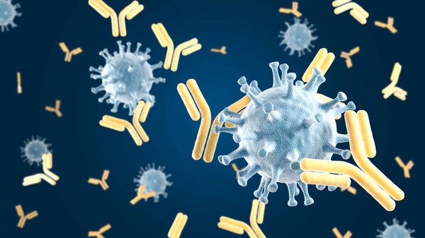 Virus and antibodies. 3d illustration.