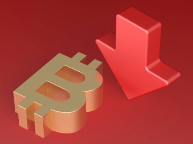 Bitcoin kazası. Ok aşağıya bakıyor. Kırmızı arka plan. 3d illüstrasyon.