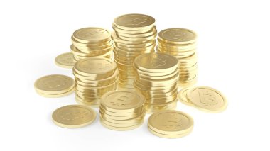 Beyaz arka planda izole edilmiş altın bitcoin 'ler. 3d illüstrasyon.
